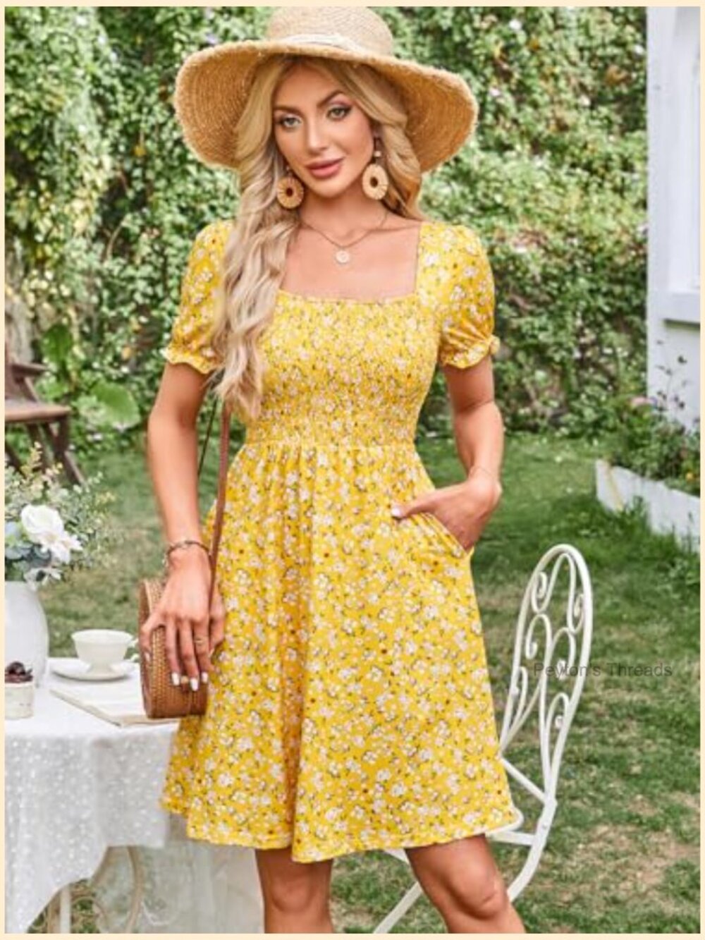 Women's Square Neck Short Puff Sleeve Floral Smocked Swing Dress with Pockets - Picture 3 of 7